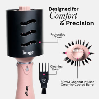 Hair styling tool featuring a 60mm coconut-infused ceramic-coated barrel for precision and comfort, protective cover, and cleaning brush.