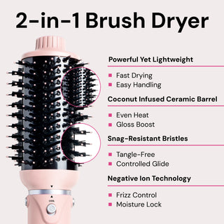 2-in-1 brush dryer featuring fast drying and easy handling. Includes a coconut infused ceramic barrel for even heat and gloss boost, snag-resistant bristles for tangle-free styling, and negative ion technology for frizz control and moisture lock.