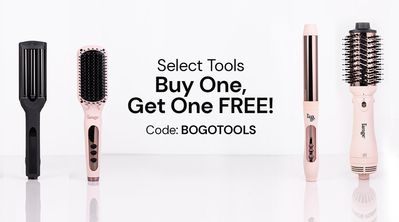 Four different hair styling tools displayed with a promotional text offering a "Buy One, Get One Free" deal using code "BOGOTOOLS".