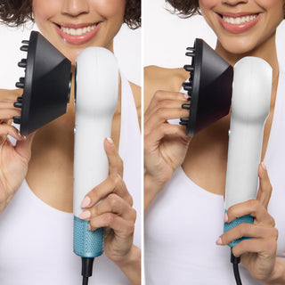 side by side image showing how to attach/detach the diffuser accessory from the Axia hair dryers