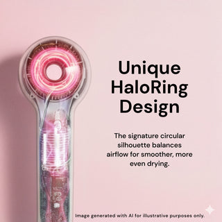 Axia HaloRing hair dryer internal airflow design illustration. Text reads: "Unique HaloRing Design. The signature circular silhouette balances airflow for smoother, more even drying"