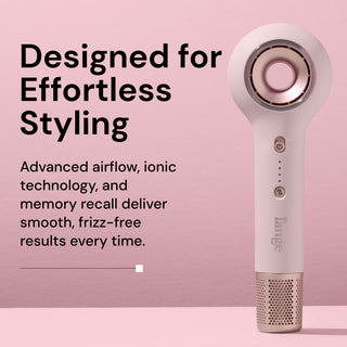 Informational image. Text reads "Designed for effortless styling. Advance airflow, ionic technology, and memory recall deliver smooth, frizz-free results every time"