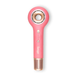 L’ange Axia ionic hair dryer in rose with gold accents, hollow center airflow design, and multiple heat settings on the handle