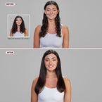 Before and after with a model showing off her curly locks that turn into sleek, straight hair.