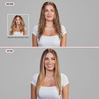 Before and after with a model showing off her curly locks that turn into sleek, straight hair.