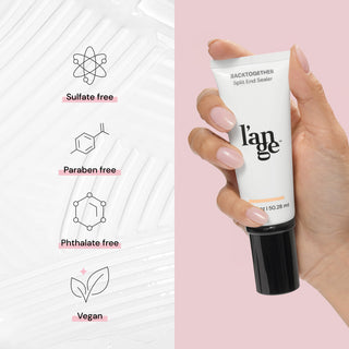 L'Ange Back Together Split End Sealer held in hand, highlighting its sulfate-free, paraben-free, phthalate-free, and vegan attributes, with a soft pink and white color scheme.