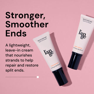 Stronger, Smoother Ends - Two tubes of l'ange BACKTOGETHER Split End Sealer on a pink background, highlighting a lightweight leave-in cream that nourishes hair strands for repairing and restoring split ends.