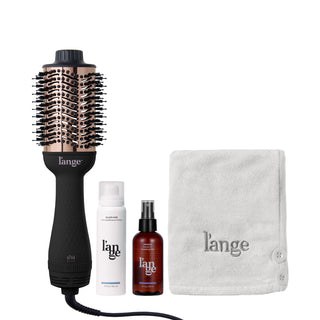 L’ange Blow All Out Value Set, including the Black 75mm Le Volume, glass hair, manage, and a grey hair wrap towel.