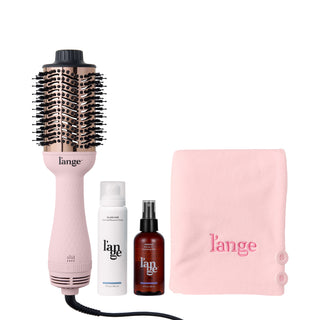 L’ange Blow All Out Value Set, including the Blush 75mm Le Volume, glass hair, manage, and a blush hair wrap towel.
