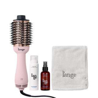 L’ange Blow All Out Value Set, including the Blush 75mm Le Volume, glass hair, manage, and a grey hair wrap towel.