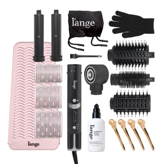 L'ange Bombshell Blowout Turbo set in black with multi-styler, brush attachments, thermal rollers, heat mat, Gloss Shock treatment, hair clips, heat glove, and storage bag