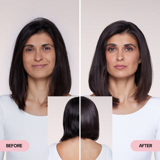 Before and after images showing a woman with dry, dull hair transformed into sleek, shiny, and smooth hair.