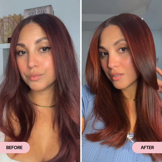 Side-by-side comparison showing a woman with long, wavy hair labeled "Before" and the same woman with smoother, glossier hair labeled "After".