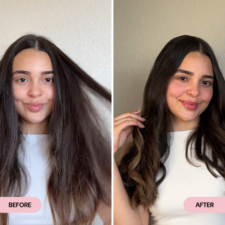 Side-by-side comparison of a woman with dry, voluminous dark brown hair in the "Before" image and soft, waves with a glossy finish in the "After" image. The transformation emphasizes smoother texture, shine, and styled ends for a polished look.