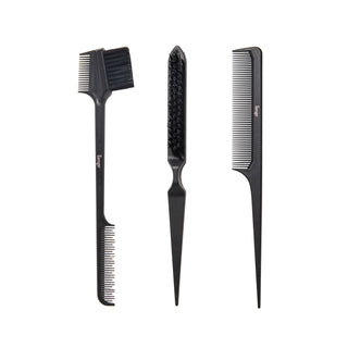 Three black L’ange styling combs and brushes on a white background