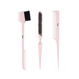 Three pink L’ange styling combs and brushes on a white background