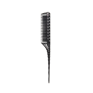 Black carbon fiber teasing pin-tail comb on a white background.