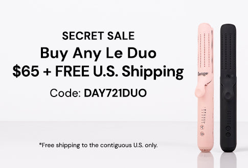 Promotional image for a secret sale offering any Le Duo for $65 with free U.S. shipping, using the code DAY721DUO, featuring a pink and a black Le Duo styling tool.