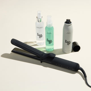 Curl Power Value Set, featuring a Black Le Duo Classic Grande, Thermal Magique, Salt & Sea,  and Deja Vu, displayed on a beige background