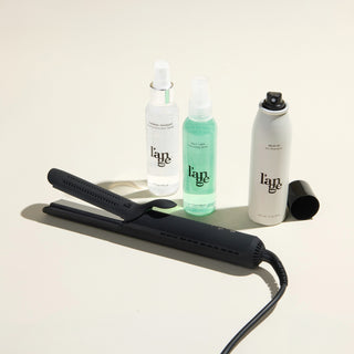 Curl Power Value Set, featuring a Black Le Duo Classic Standard, Thermal Magique, Salt & Sea,  and Deja Vu, displayed on a beige background