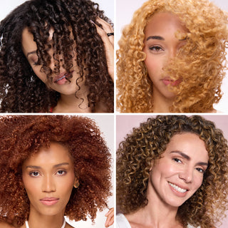 Four women with different curl types showcasing healthy, defined curly hair.