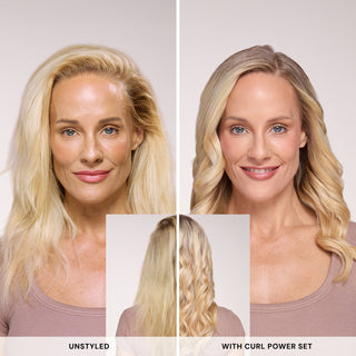 before and after image. Text reads "Unstyled" and "With Curl Power Set"