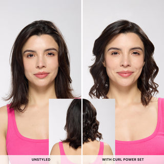 before and after image. Text reads "Unstyled" and "With Curl Power Set"