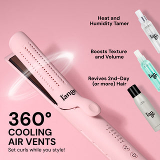 Benefits and Features Image for Curl Power Value Set. Text reads "360° COOLING AIR VENTS Set curls while you style!" next to the pink Le Duo Classic. Three callouts describe the benefits of the included products: "Heat and Humidity Tamer" for the Thermal Magique, "Boosts Texture and Volume" for the Salt + Séa spray, and "Revives 2nd-Day (or more) Hair" for the Déjà Vu dry shampoo