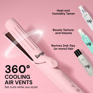 Benefits and Features Image for Curl Power Value Set. Text reads "360° COOLING AIR VENTS Set curls while you style!" next to the pink Le Duo Classic. Three callouts describe the benefits of the included products: "Heat and Humidity Tamer" for the Thermal Magique, "Boosts Texture and Volume" for the Salt + Séa spray, and "Revives 2nd-Day (or more) Hair" for the Déjà Vu dry shampoo
