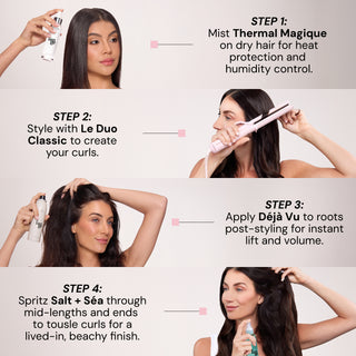 Instructional graphic outlines a four-step hair styling routine using the L'ange Curl Power Value Set. "STEP 1: Mist Thermal Magique on dry hair for heat protection and humidity control"  "STEP 2: Style with Le Duo Classic to create your curls" "STEP 3: Apply Déjà Vu to roots post-styling for instant lift and volume" and "STEP 4: "Spritz Salt + Séa through mid-lengths and ends to tousle curls for a lived-in, beachy finish"