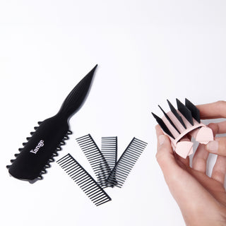 Detachable L’ange curl brush pieces and comb inserts laid out on a white background