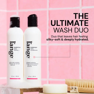 Benefits image. Text reads "THE ULTIMATE WASH DUO. Duo that leaves hair feeling silky-soft & deeply hydrated"