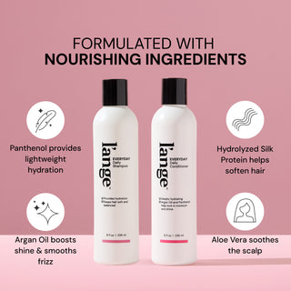 Benefits Image. Text reads "FORMULATED WITH NOURISHING INGREDIENTS" and benefits call outs follow "Panthenol provides lightweight hydration" "Argan Oil boosts shine & smooths frizz" "Hydrolyzed Silk Protein helps soften hair" and "Aloe Vera soothers the scalp"