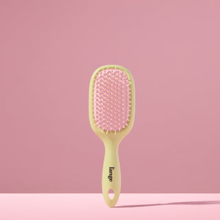 green and pink  L’ange detangling brush standing upright on pink background