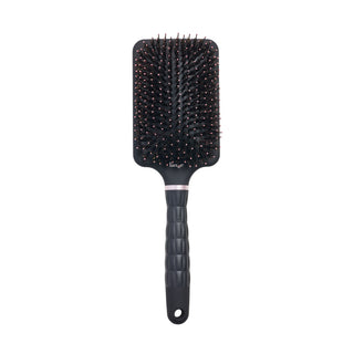 black L’ange detangling paddle brush with nylon bristles and boar on a white  background