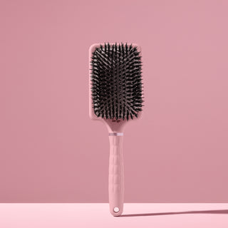 blush L’ange detangling paddle brush with nylon bristles with boar standing upright on pink background