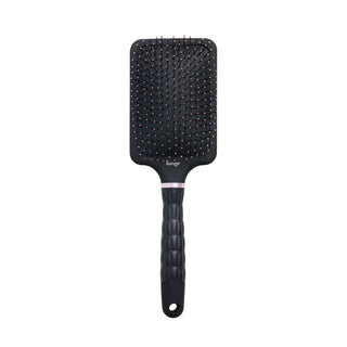 black L’ange detangling paddle brush with nylon bristles on a white background