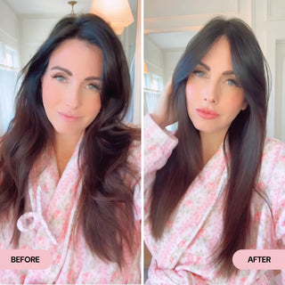 Side-by-side comparison of a woman’s hair before and after using a hair product, showing smoother and straighter results.