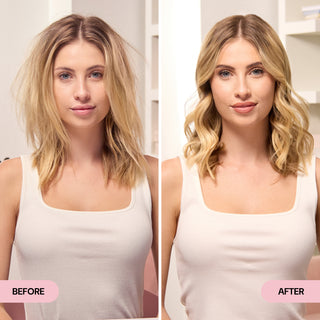Before and after images of a woman showing frizzy hair transformed into smooth, styled waves.