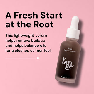 Benefits image on Detox Serum bottle against a blush background.