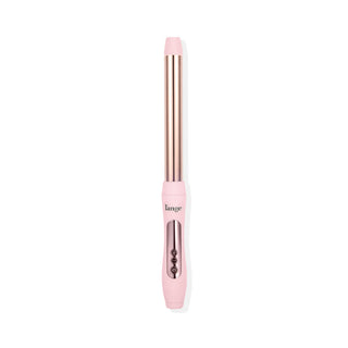 Pink 25mm curling wand with a rose gold barrel and three digital control buttons on the handle