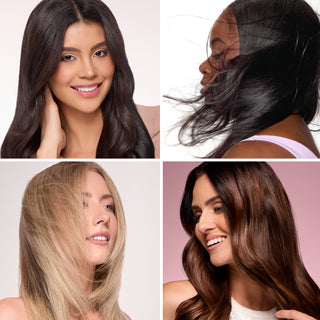 Collage of four women with different hair types and colors, showcasing smooth, healthy-looking hair.