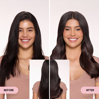 Before and after comparison of a woman showing smoother, shinier hair transformation.