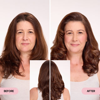Before and after comparison of a woman highlighting fuller, more defined hair with added volume and shine.