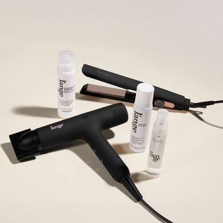 The High Gloss Value Set, featuring a Black Haute Air, a Black 1-inch Le Titane, Extra Strength Glass Hair, Top Coat, and Satin Nectar, displayed on a beige background.