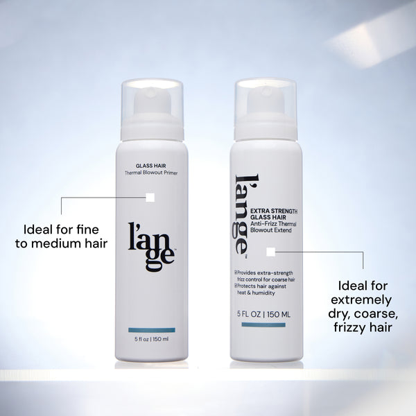 "Ideal for" comparison image between Glass Hair and Extra Strength Glass Hair. Text reads for Glass Hair "Ideal for fine to medium hair". Text follows for Extra Strength Glass Hair "Ideal for extremely dry, coarse, frizzy hair"