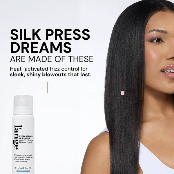 Informational image. Text reads "Silk Press Dreams Are Made of These. Heat-activated frizz control for sleek, shiny blowouts that last"
