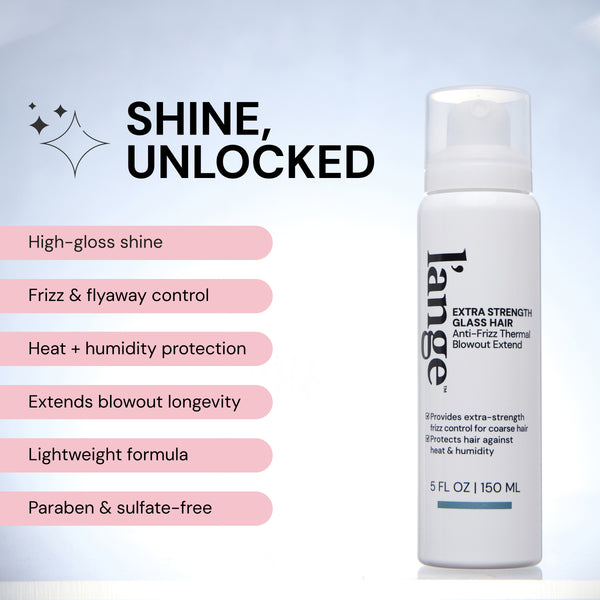 Benefits image. Text reads "Shine, Unlocked" and a list of benefits follows "High-gloss shine" "Frizz & flyaway control" "Heat + humidity protection" "Extends blowout longevity" "Lightweight formula" and "Paraben & sulfate-free"