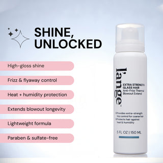 Benefits image. Text reads "Shine, Unlocked" and a list of benefits follows "High-gloss shine" "Frizz & flyaway control" "Heat + humidity protection" "Extends blowout longevity" "Lightweight formula" and "Paraben & sulfate-free"