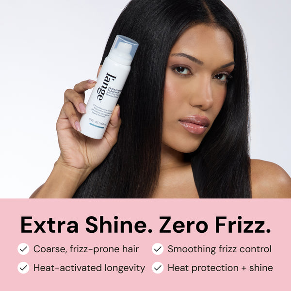 Benefits image. Text reads "Extra Shine. Zero Frizz" and a checklist of benefits follows "coarse, frizz prone hair" "smoothing frizz control" "heat-activated longevity" and "heat protection + shine"